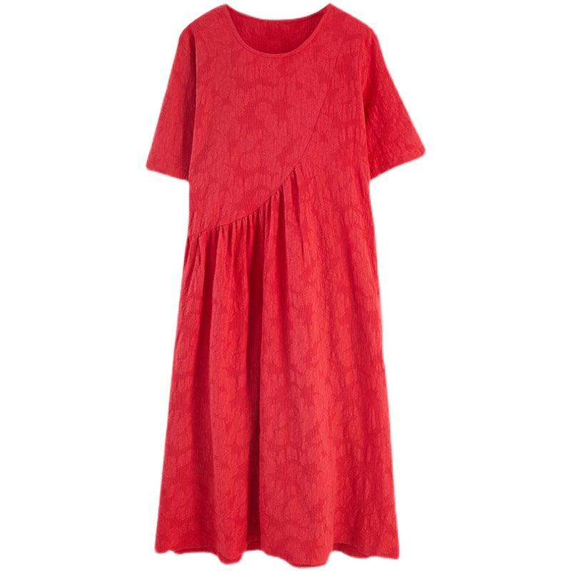 Summer New Loose And Simple Jacquard Irregular Large Size Cotton And Linen Dress For Women - Amazitshop