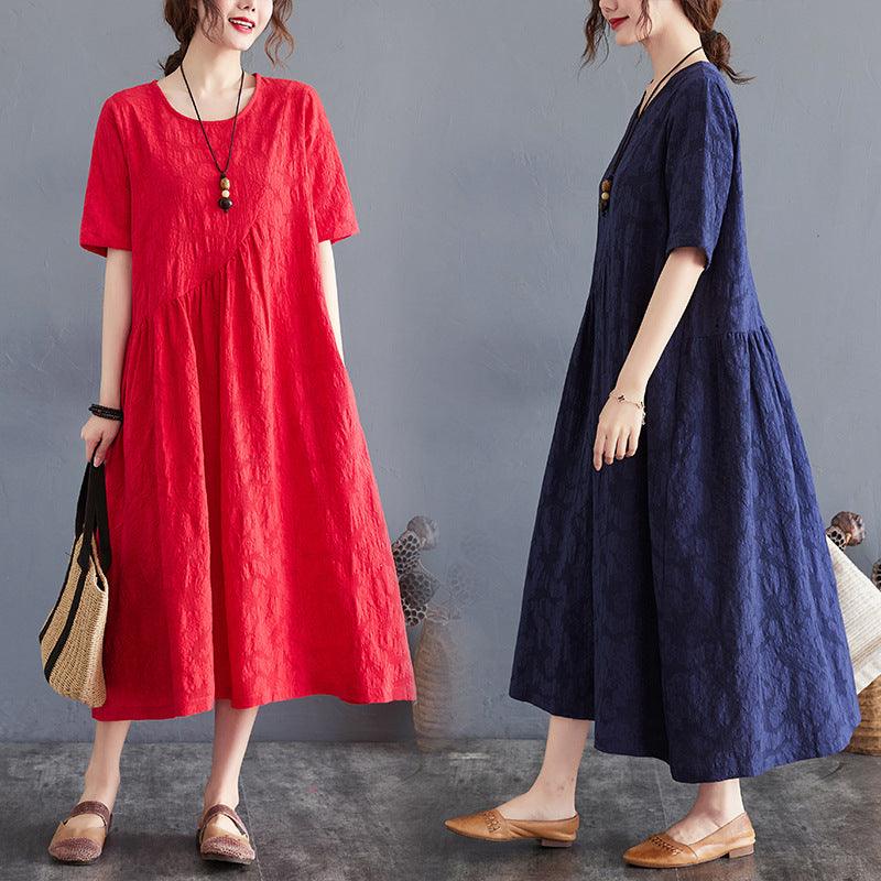 Summer New Loose And Simple Jacquard Irregular Large Size Cotton And Linen Dress For Women - Amazitshop