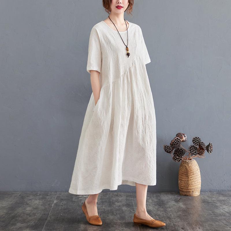 Summer New Loose And Simple Jacquard Irregular Large Size Cotton And Linen Dress For Women - Amazitshop