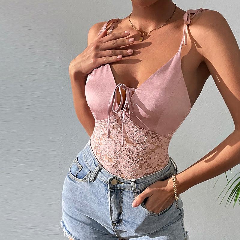 Summer New Women's Lace Suspenders Beachwear One - piece Solid Color Open - back One - piece - Amazitshop