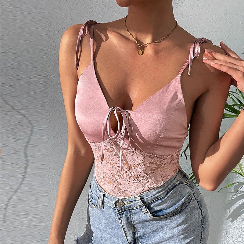 Summer New Women's Lace Suspenders Beachwear One - piece Solid Color Open - back One - piece - Amazitshop