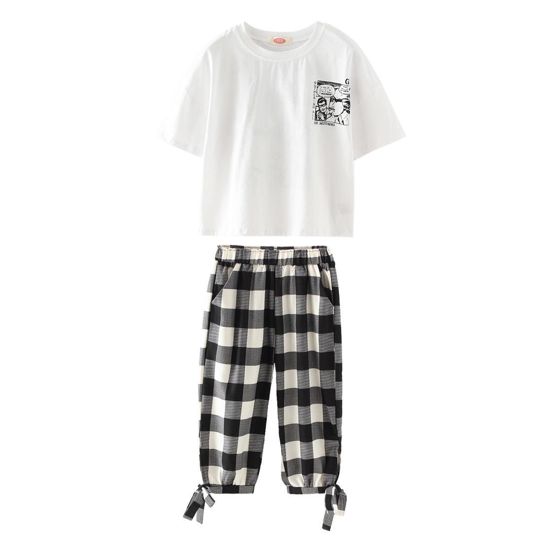 Two - piece printed plaid cropped trousers - Amazitshop