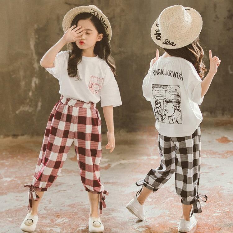 Two - piece printed plaid cropped trousers - Amazitshop