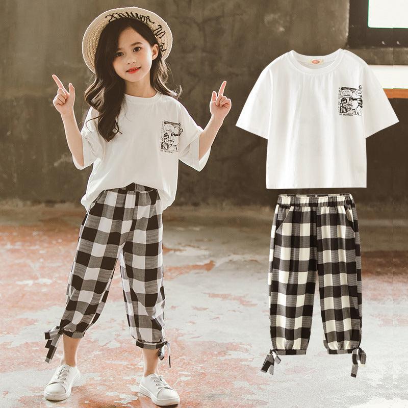 Two - piece printed plaid cropped trousers - Amazitshop