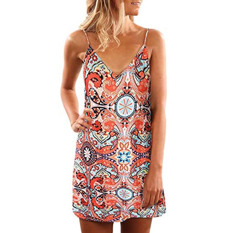 V - neck Suspender Open - back Printed Beach Boho Short Dress Beachwear - Amazitshop