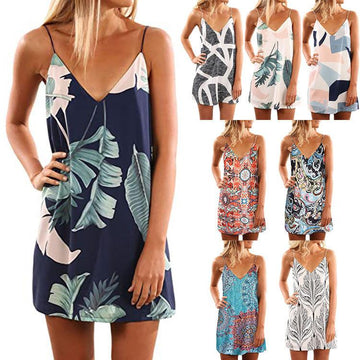 V - neck Suspender Open - back Printed Beach Boho Short Dress Beachwear - Amazitshop