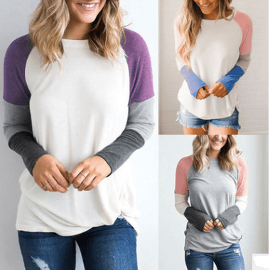 Women Long Sleeve T-shirt Casual O Neck Patchwork Gray White Tops Tees Female 2021 Autumn Fashion New Clothing - Amazitshop