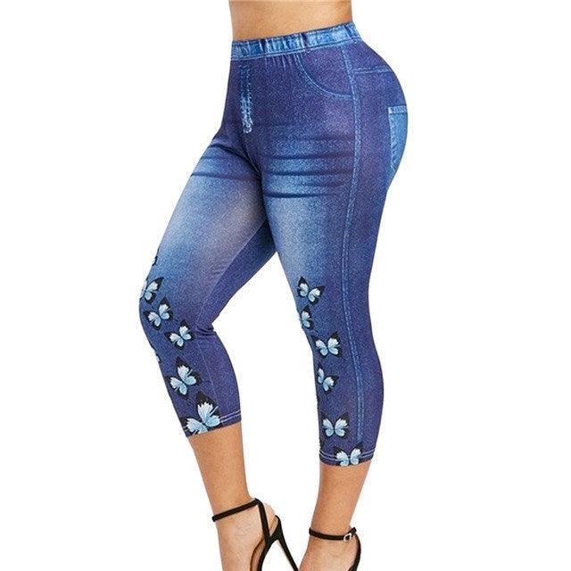 Women Mid - Calf Leggings Imitate Jeans Printed Stretch - Amazitshop