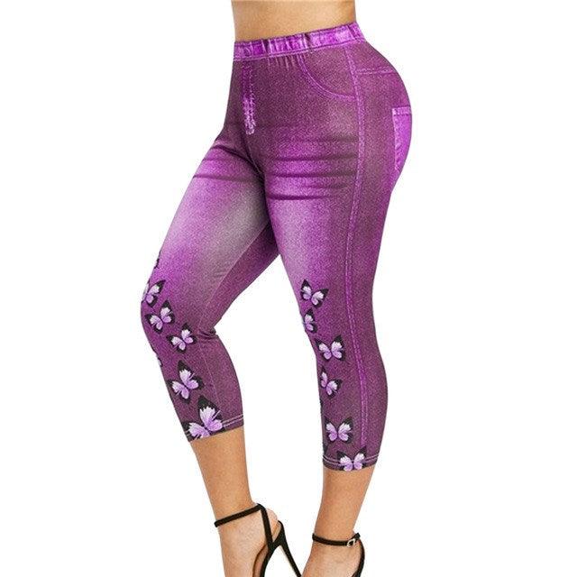 Women Mid - Calf Leggings Imitate Jeans Printed Stretch - Amazitshop