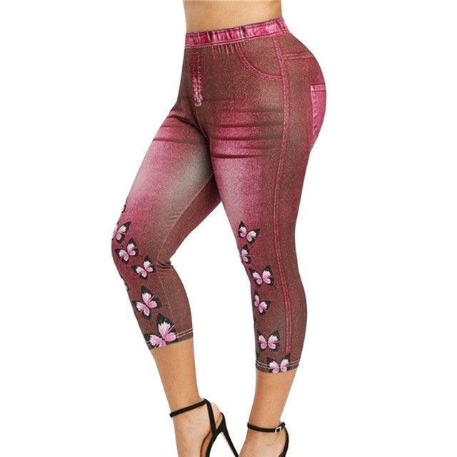 Women Mid - Calf Leggings Imitate Jeans Printed Stretch - Amazitshop
