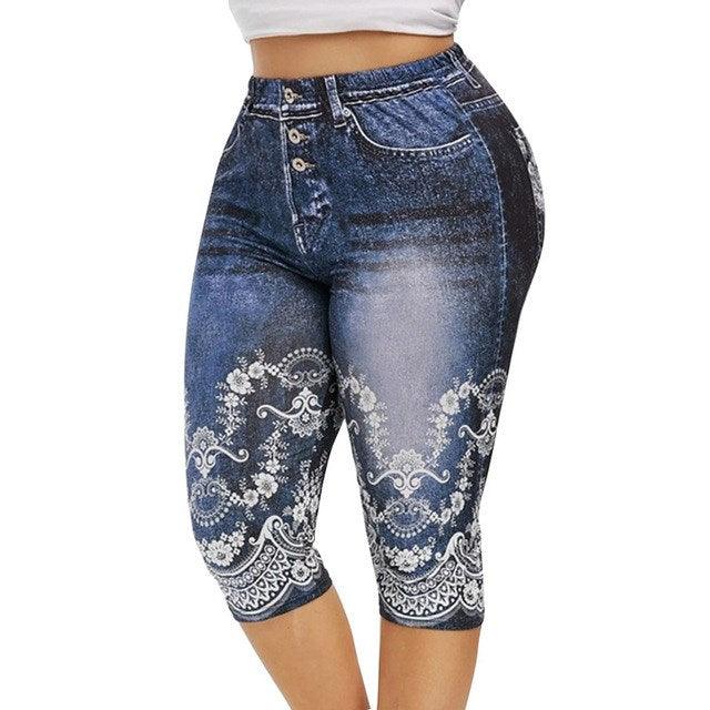Women Mid - Calf Leggings Imitate Jeans Printed Stretch - Amazitshop