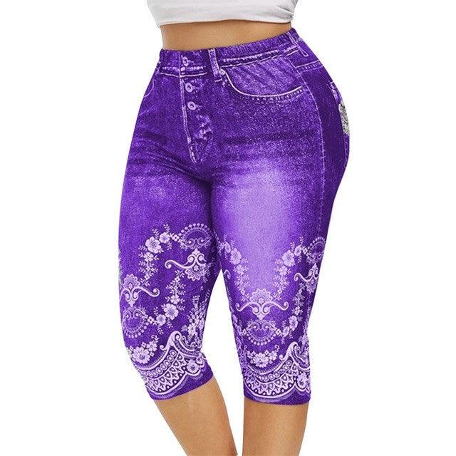 Women Mid - Calf Leggings Imitate Jeans Printed Stretch - Amazitshop