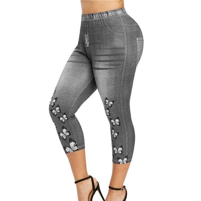 Women Mid - Calf Leggings Imitate Jeans Printed Stretch - Amazitshop