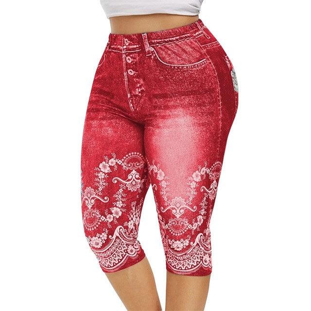 Women Mid - Calf Leggings Imitate Jeans Printed Stretch - Amazitshop