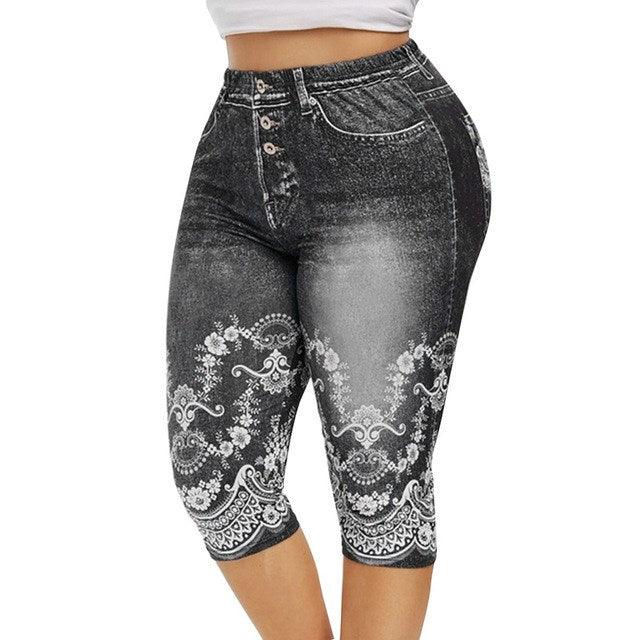 Women Mid - Calf Leggings Imitate Jeans Printed Stretch - Amazitshop