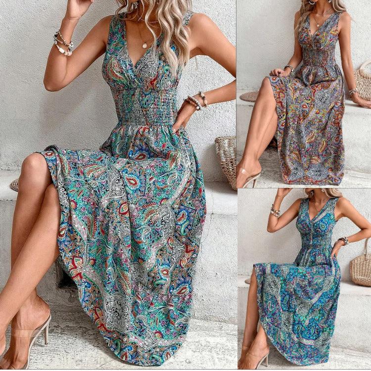 Women's Clothing Cross - border New Fashion Temperament High Waist Sleeveless Bohemian Dress - Amazitshop
