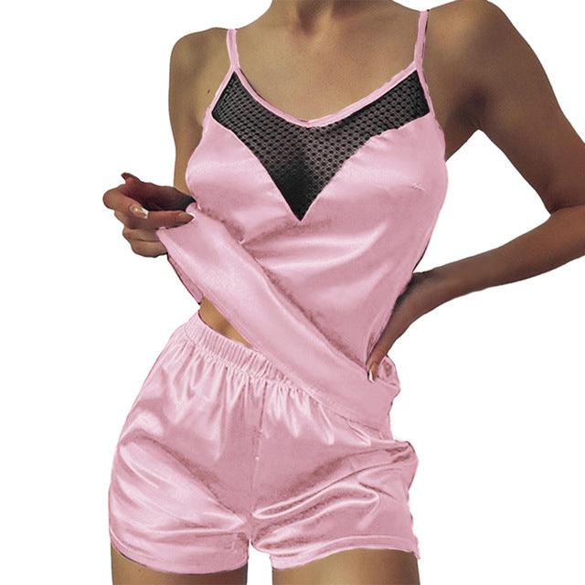 Satin Pajamas Lace Pijama Nightie Sleepwear Home Clothes Tops And Shorts Women's Silk Pajamas Solid Color Pajama Set - amazitshop