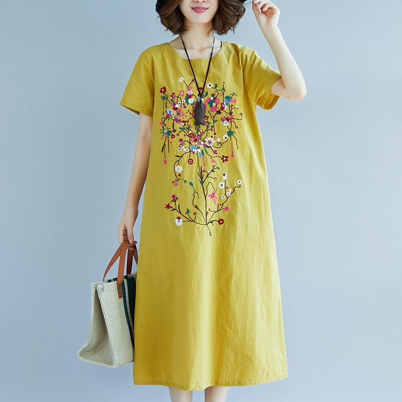 Ethnic Style Embroidered Cotton Linen Medium Length Dress