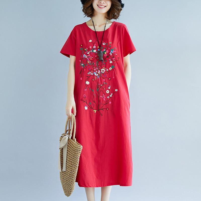 Ethnic Style Embroidered Cotton Linen Medium Length Dress - amazitshop