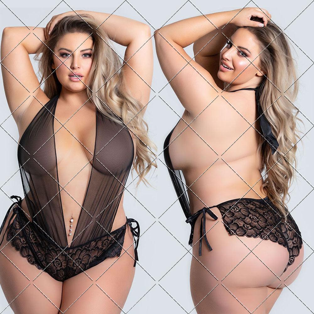 Women Large Size Sexy Lingerie Lace See-Through Sexy One-Piece Tights Nightdress - amazitshop
