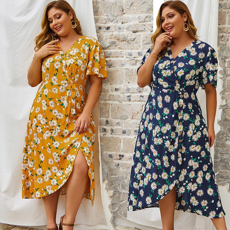 New Plus Size Dress Vintage Women Flower Print Dresses - amazitshop
