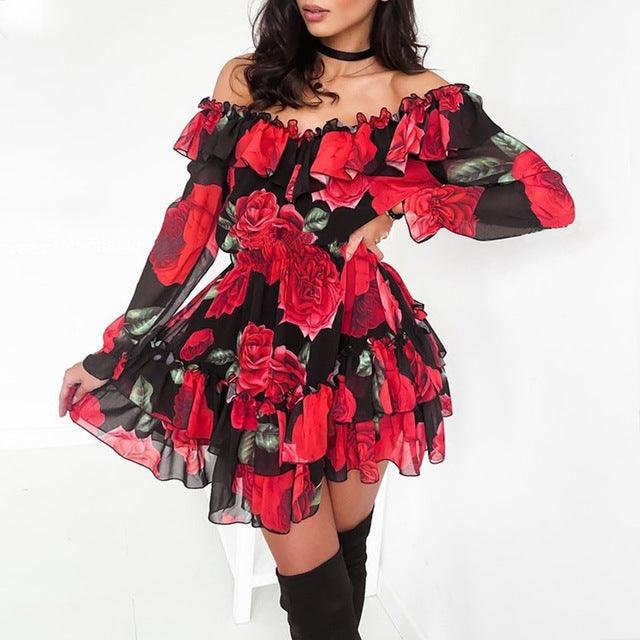 Women Off Shoulder Ruffles Flower Print Dress