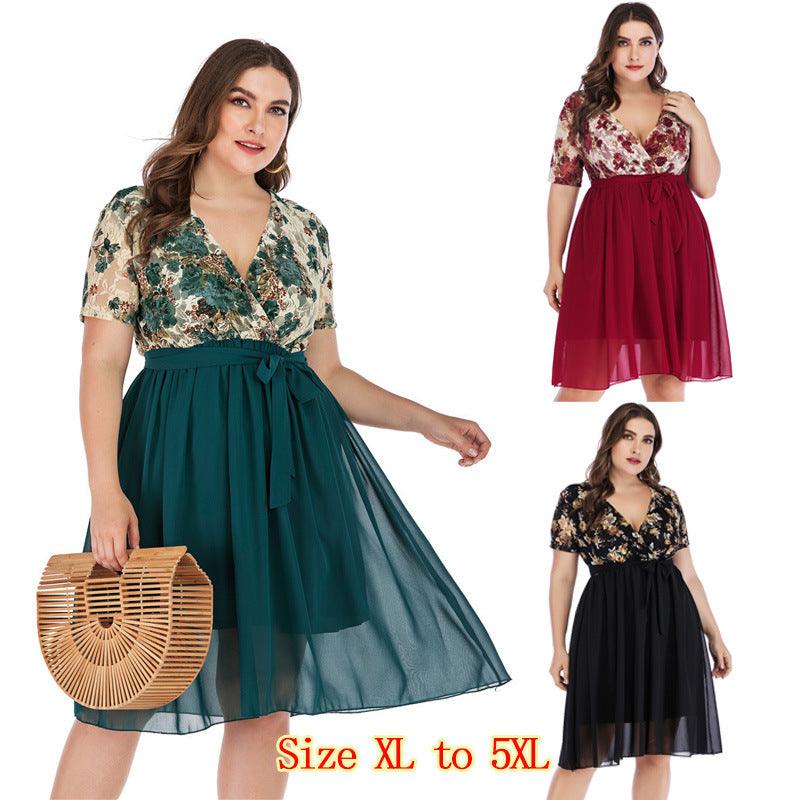 Plus Size Dress Women Short Sleeve Evening Gown Fat Dress 5XL - amazitshop