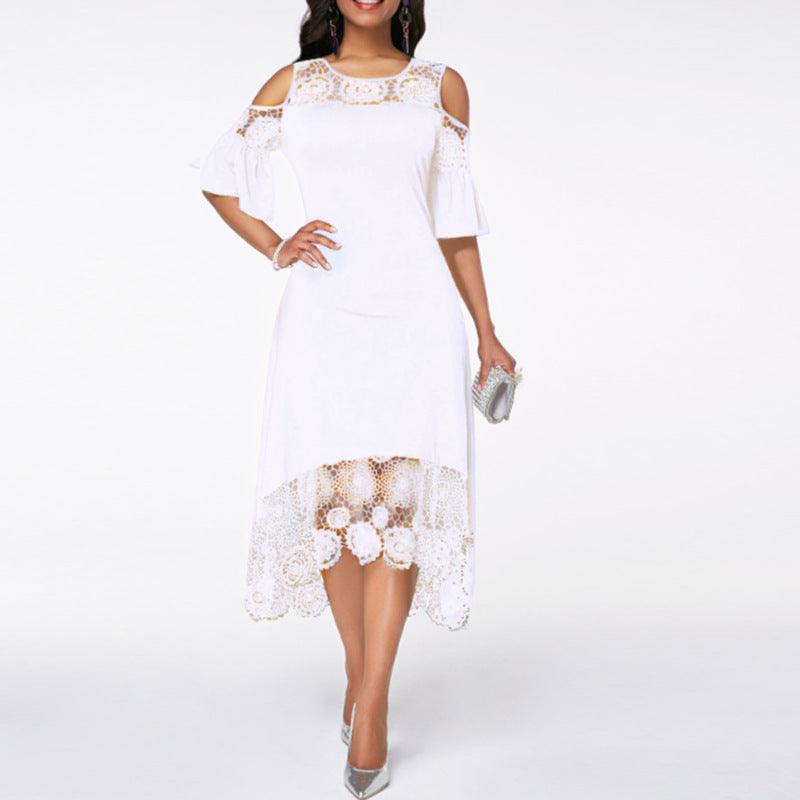 Butterfly Sleeve Mid-calf Dress Women Sexy Cold Shoulder Dress Lace Stitching Ladies Dresses Spring Female - amazitshop