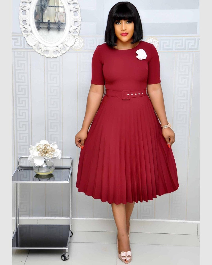 Round Neck Plus Size Mother's Dress Female Pleated Dress - amazitshop