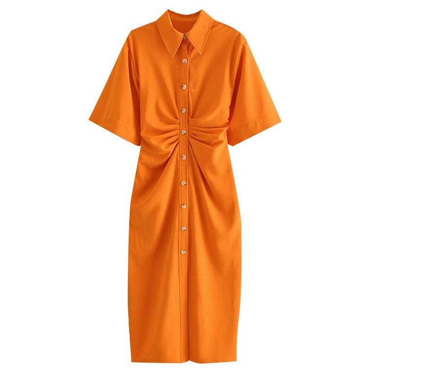 Women Pleated Ladies Lapel Solid Color Dress - amazitshop