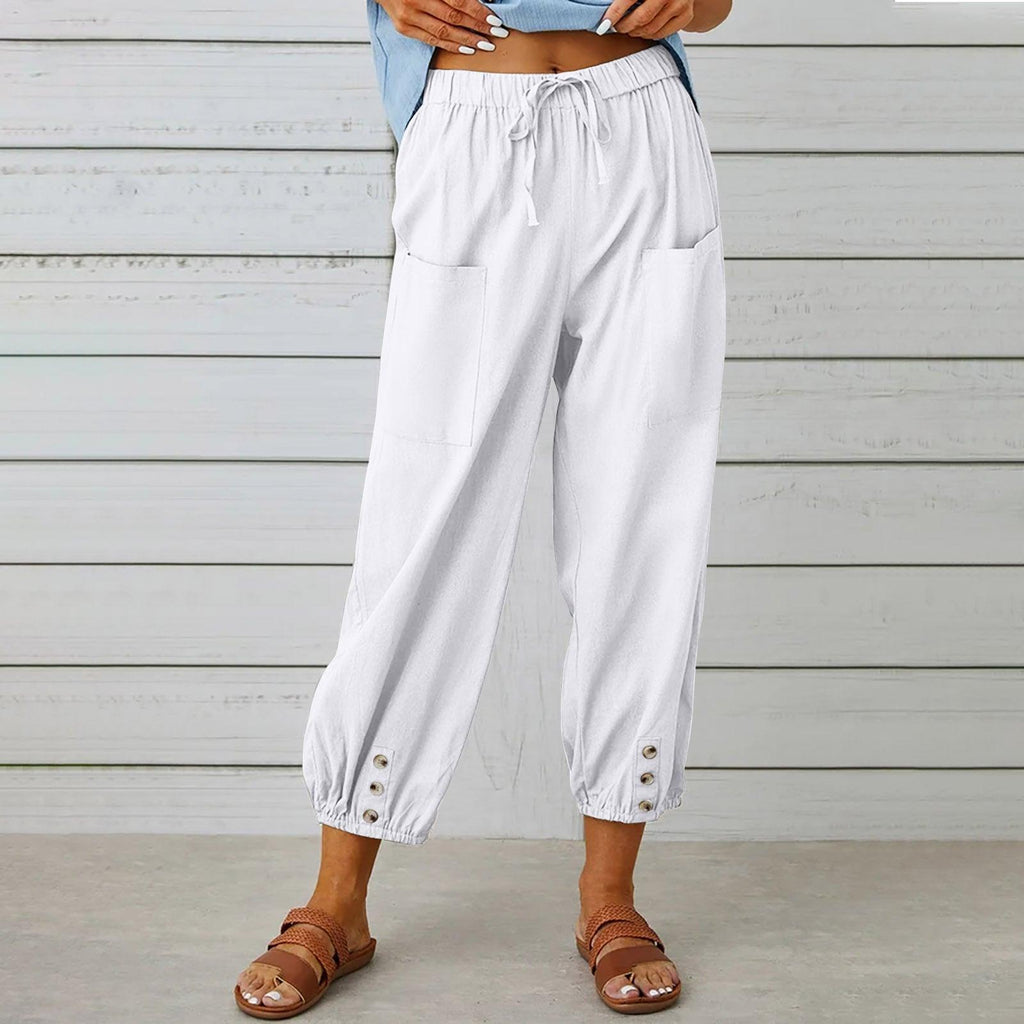 Women Drawstring Tie Pants Spring Summer Cotton And Linen Trousers With Pockets Button - amazitshop