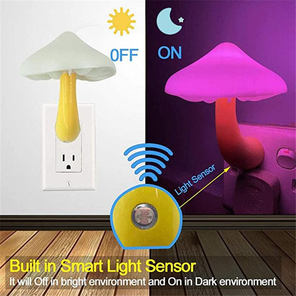 LED Night Light Mushroom Wall Socket Lamp EU US Plug Warm White Light-control Sensor Bedroom Light Home Decoration - amazitshop