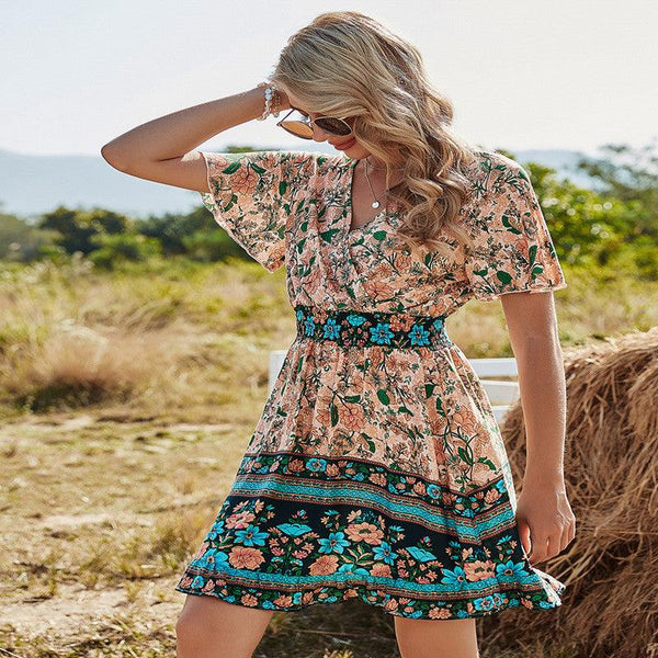 Women Summer Bohemian Print Dress Ladies V-Neck Beach Dress - amazitshop
