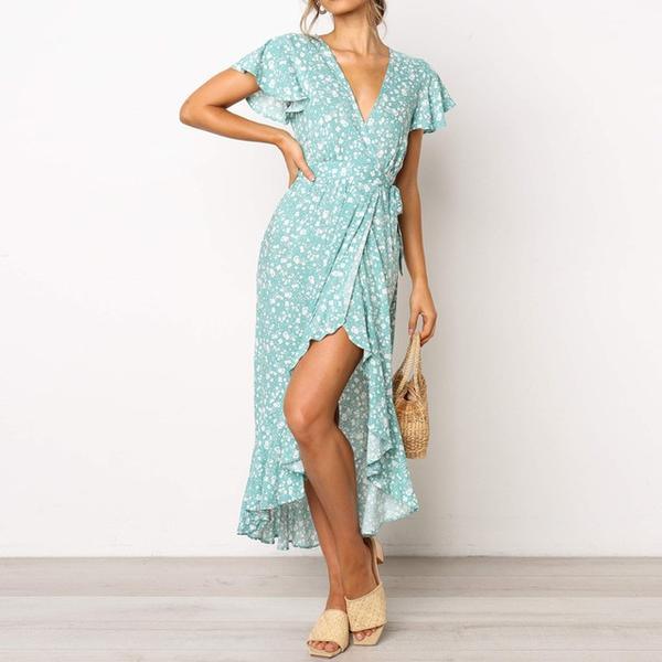 2021wish Amazon ebay summer hot new European and American small floral V-neck short-sleeved lace dress - amazitshop
