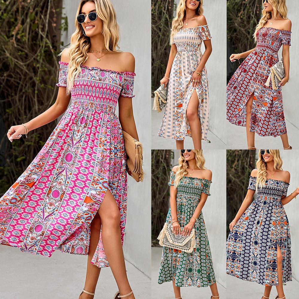 Women's Dress Boho Floral Print Off Shoulder Split Long A Line Beach Dress - amazitshop