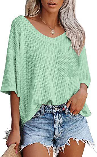 Summer V-neck Shirts Women Short Sleeve Green Tops With Patched Pocket - amazitshop