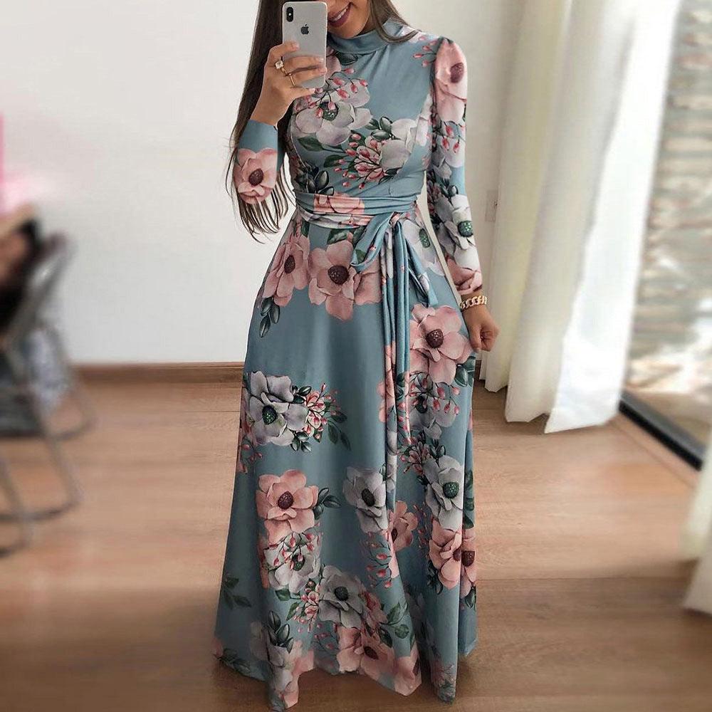 New Style Flower Print Short-sleeved Big Dress Women - amazitshop