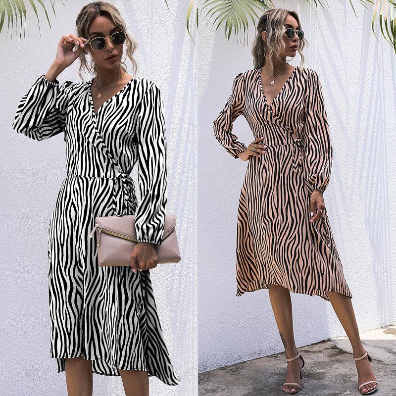 Women's Loose Striped Over-The-Knee Long-Sleeved Dress