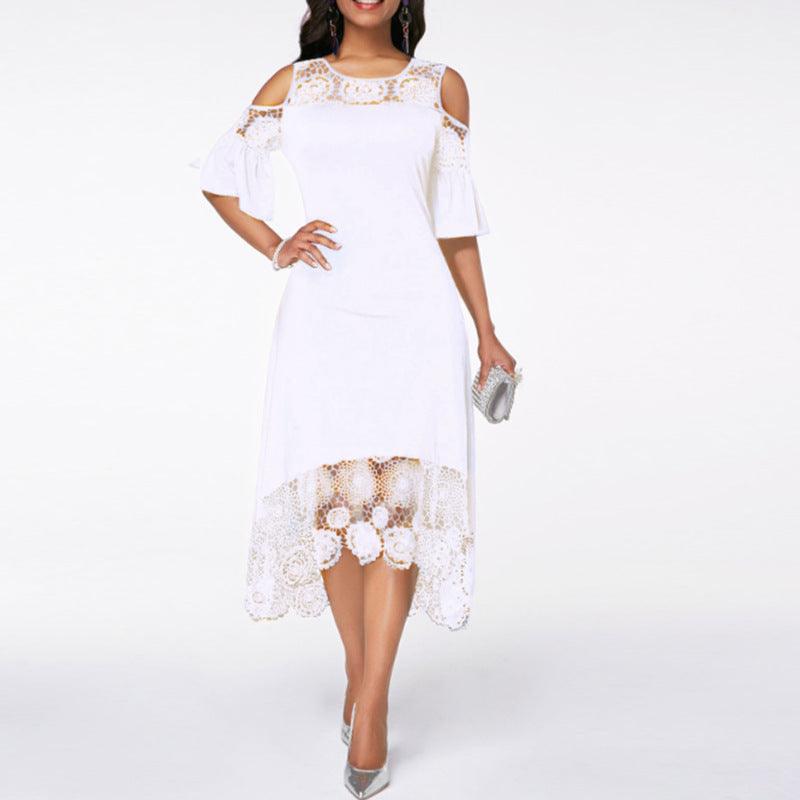 Butterfly Sleeve Mid - calf Dress Women Sexy Cold Shoulder Dress Lace Stitching Ladies Dresses Spring Female - Amazitshop