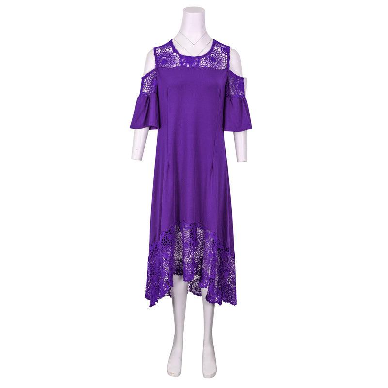 Butterfly Sleeve Mid - calf Dress Women Sexy Cold Shoulder Dress Lace Stitching Ladies Dresses Spring Female - Amazitshop
