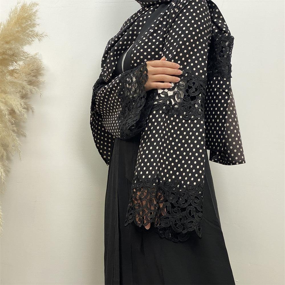 Women Fashion Black Lace Patchwork Polka Dot Cardigan - amazitshop