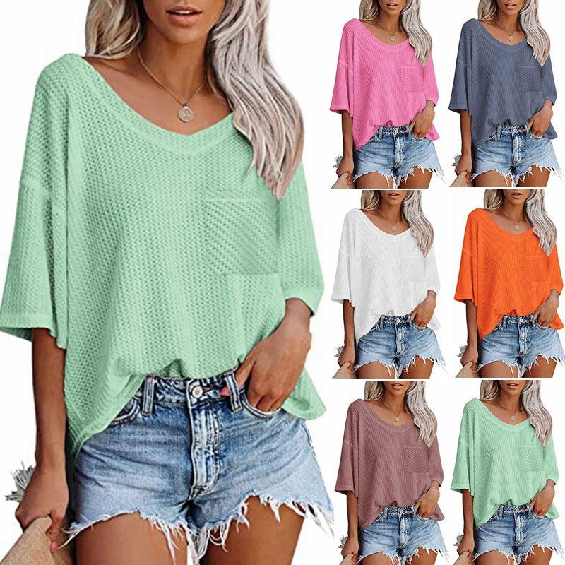 Summer V-neck Shirts Women Short Sleeve Green Tops With Patched Pocket - amazitshop
