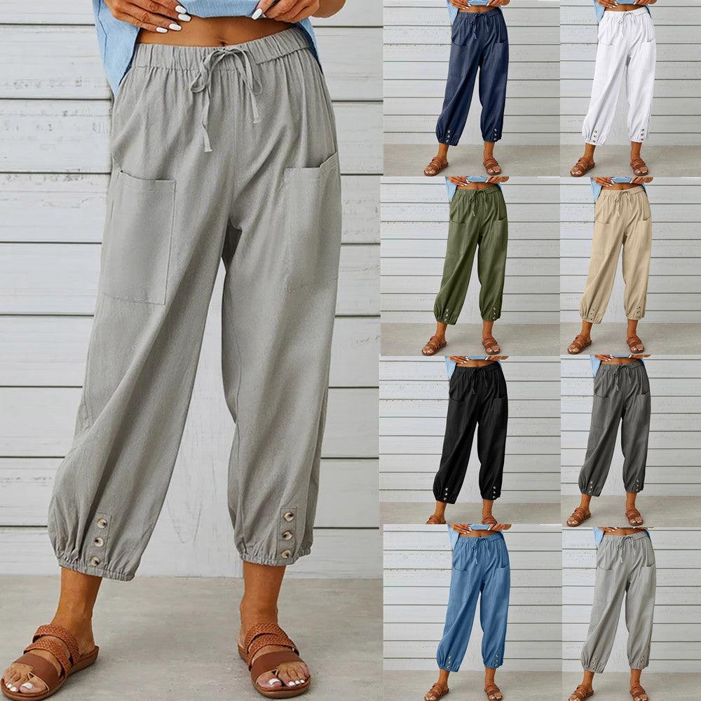 Women Drawstring Tie Pants Spring Summer Cotton And Linen Trousers With Pockets Button - amazitshop