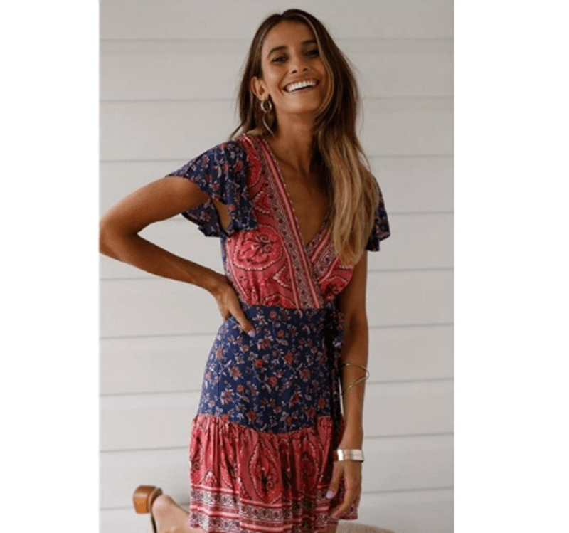 V - neck sexy bohemian print dress for women - Amazitshop