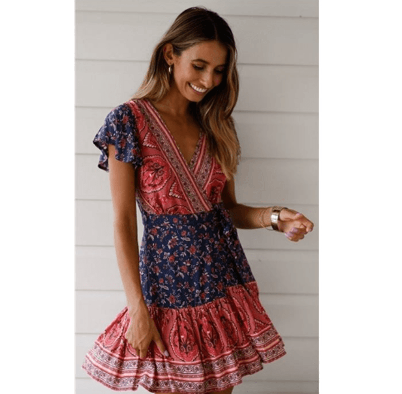 V - neck sexy bohemian print dress for women - Amazitshop