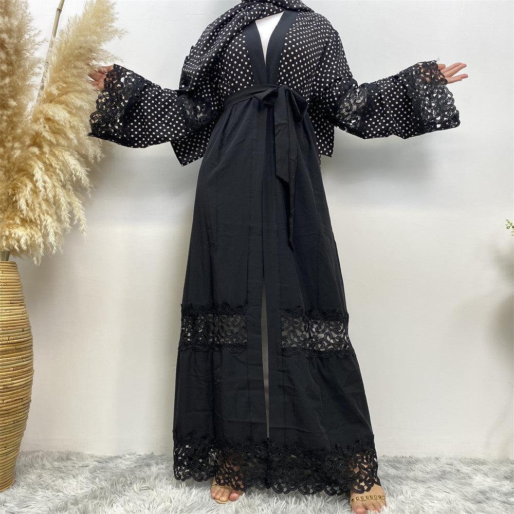 Women Fashion Black Lace Patchwork Polka Dot Cardigan - Amazitshop