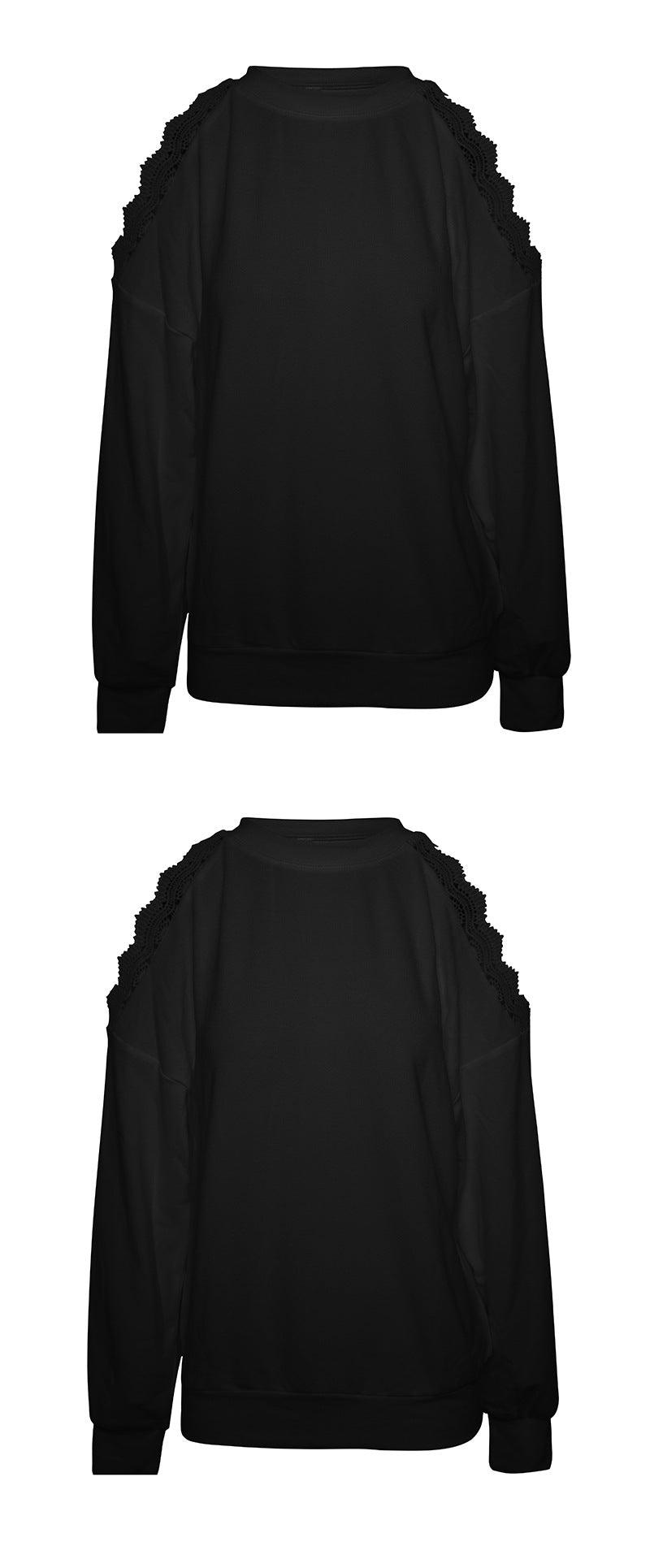 Women Fashion Lace Panel Sexy Shoulder Drop Casual T-shirt - Amazitshop