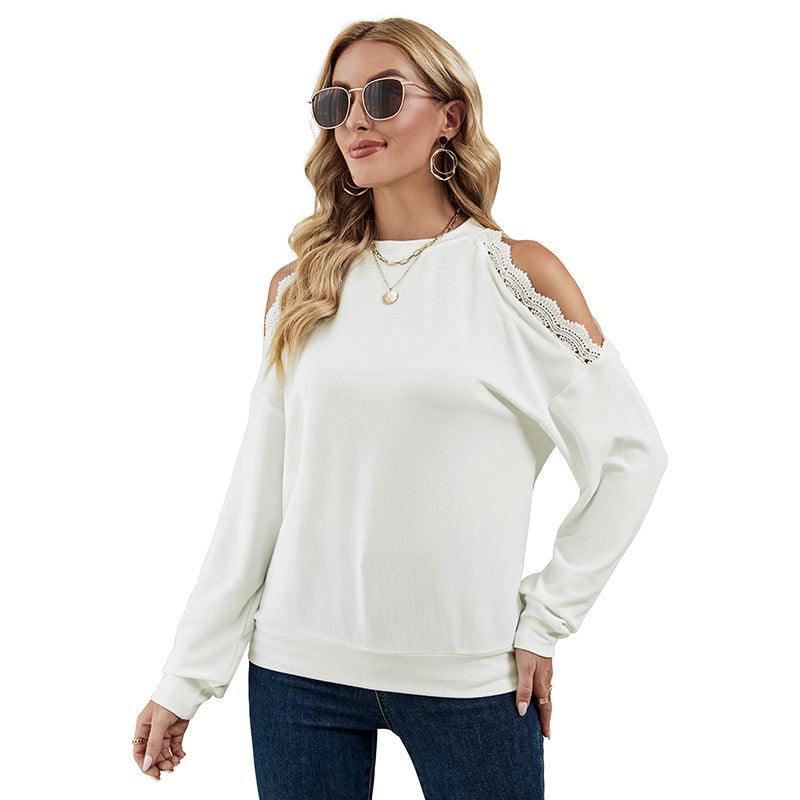 Women Fashion Lace Panel Sexy Shoulder Drop Casual T-shirt - Amazitshop