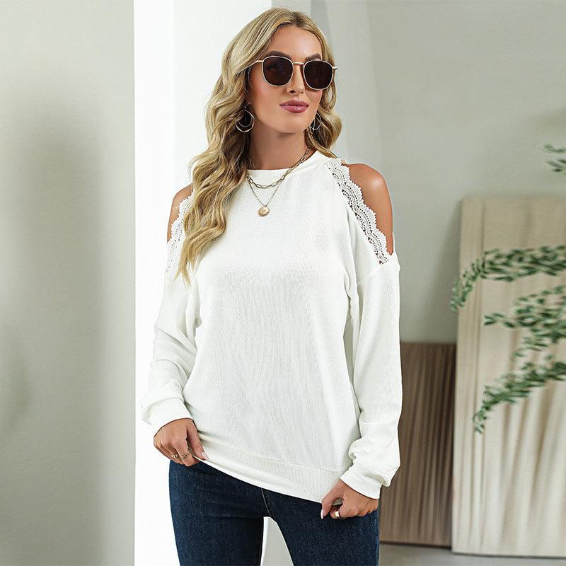 Women Fashion Lace Panel Sexy Shoulder Drop Casual T-shirt - Amazitshop