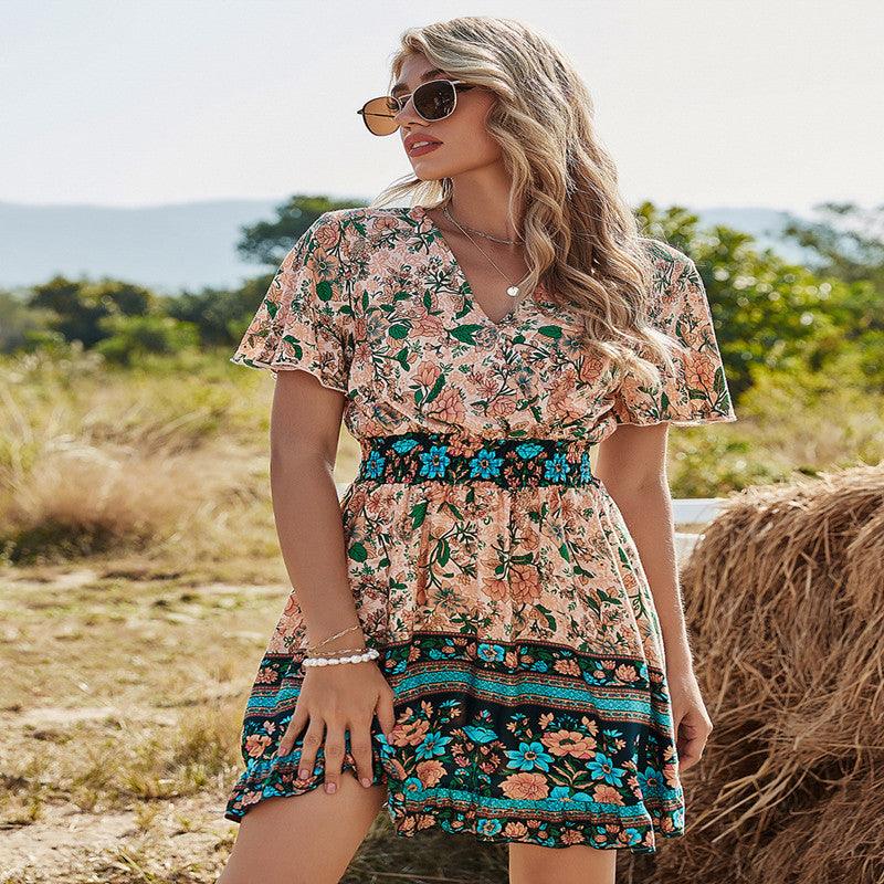 Women Summer Bohemian Print Dress Ladies V - Neck Beach Dress - Amazitshop